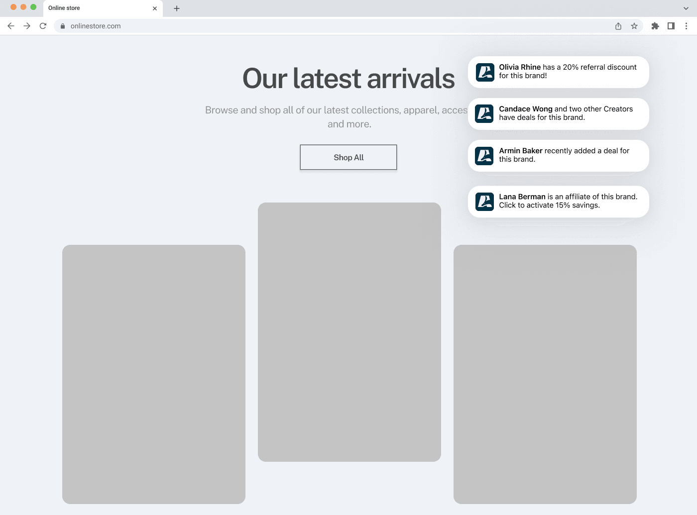Browser mockup showing Aardvark notifications while shopping
