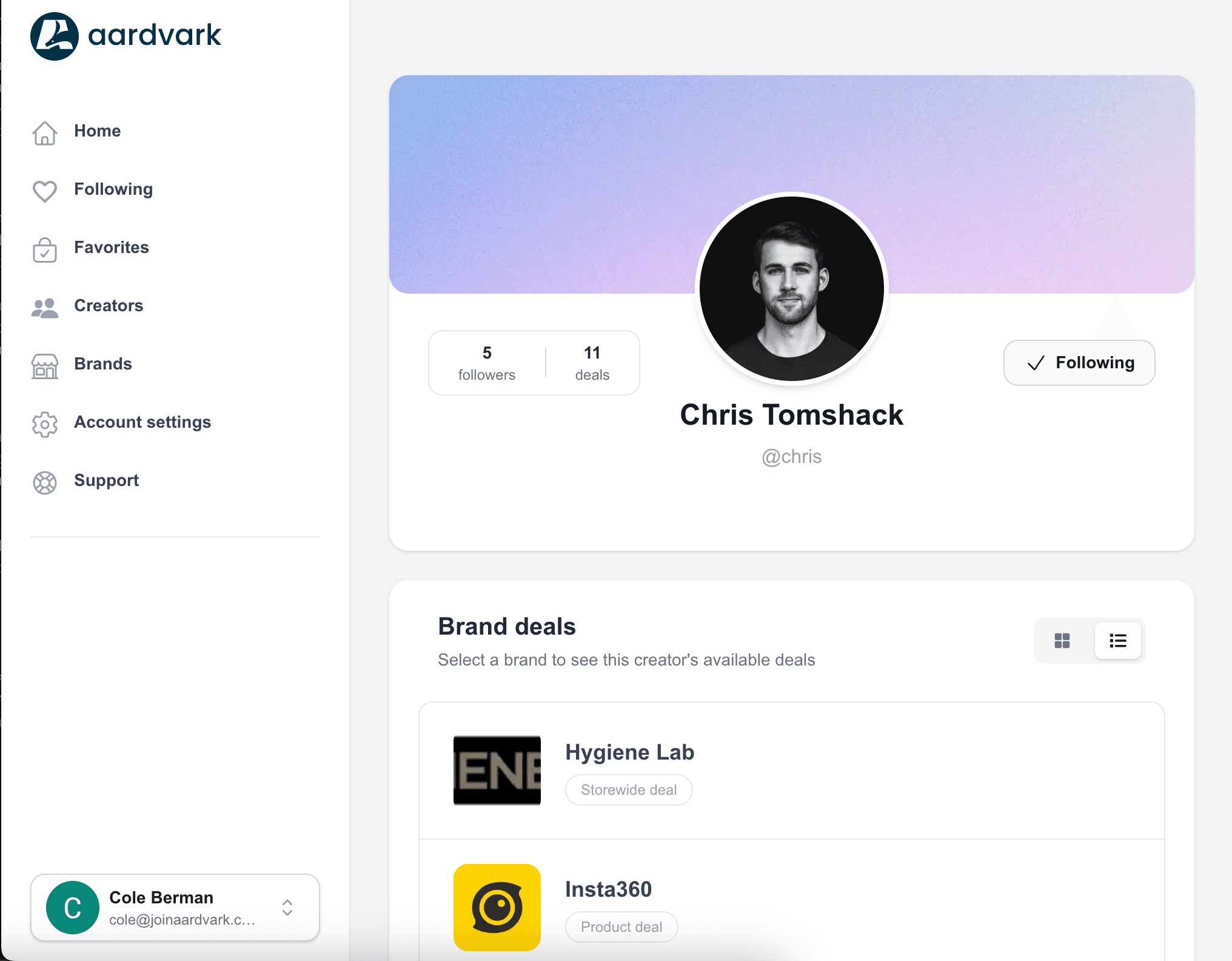 Dashboard mockup showing Aardvark creator profile interface